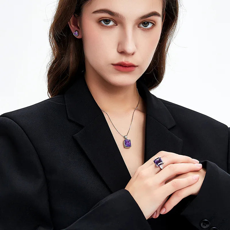 square-cut amethyst ring styled portrait showing the ring for scale