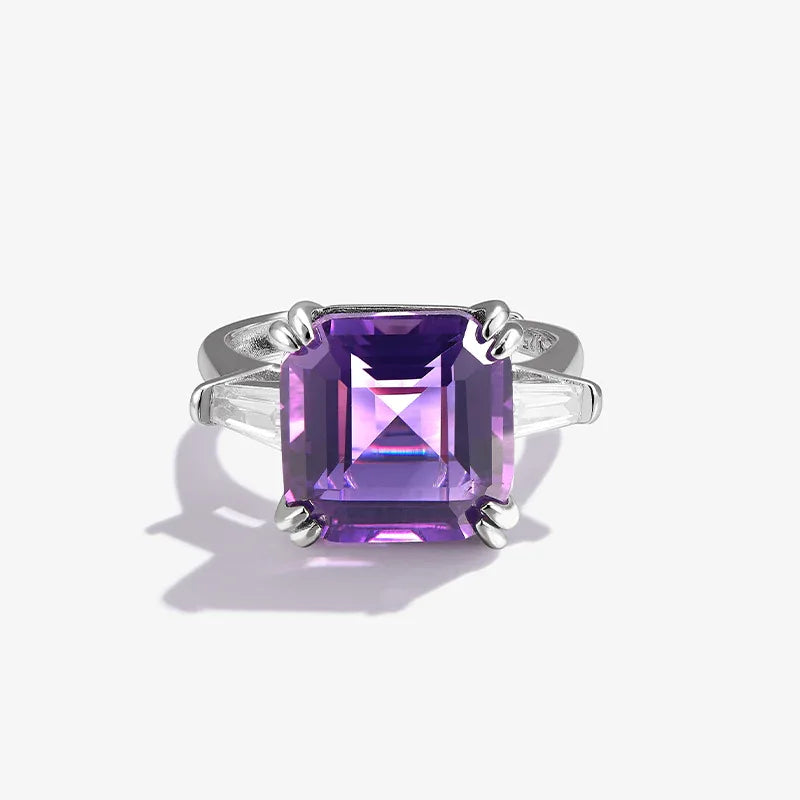 square-cut amethyst ring worn detail beside the face