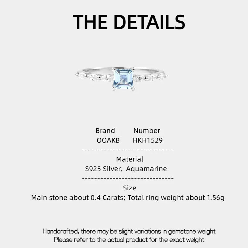 Square-Cut Aquamarine Accent Ring specification card with product measurements