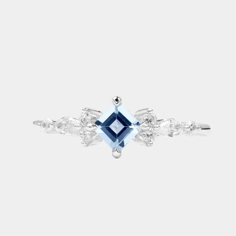 Square-Cut Aquamarine Crown Ring front product view on a white background