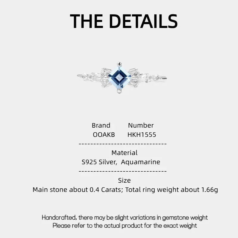 Square-Cut Aquamarine Crown Ring specification card with product measurements