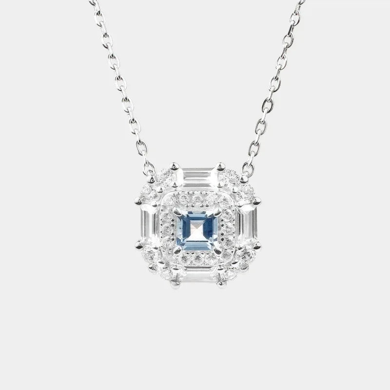 Square-Cut Aquamarine Geometric Halo Necklace full necklace view on a white background