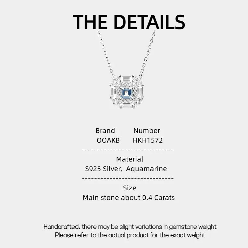 Square-Cut Aquamarine Geometric Halo Necklace specification card with product measurements