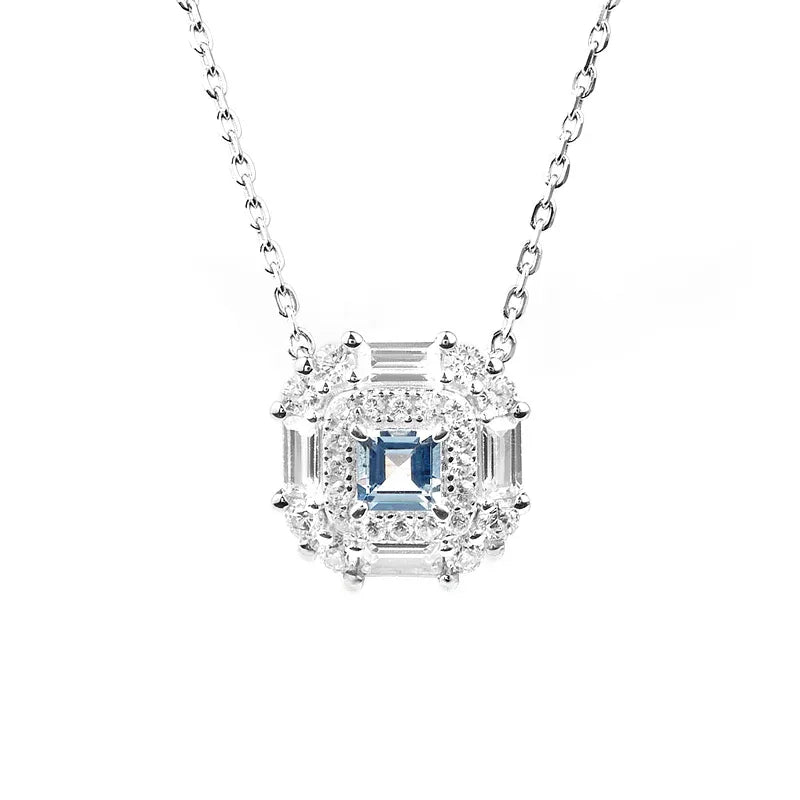 Square-Cut Aquamarine Geometric Halo Necklace styled neckline view showing pendant scale