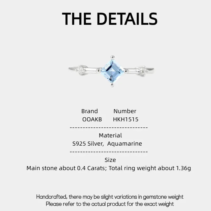 Square-Cut Aquamarine Open Ring specification card with product measurements