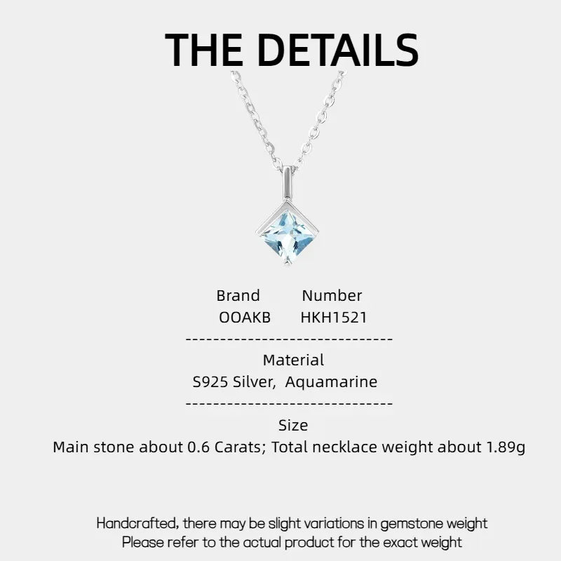 Square-Cut Aquamarine Pendant Necklace specification card with product measurements