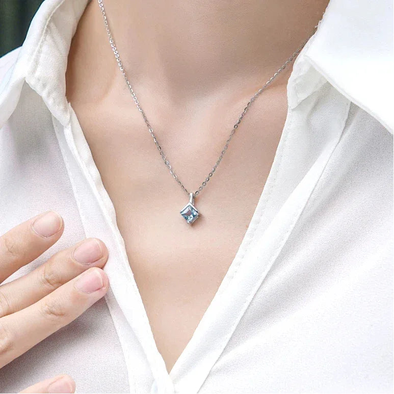 Square-Cut Aquamarine Pendant Necklace worn at the neckline from a second angle