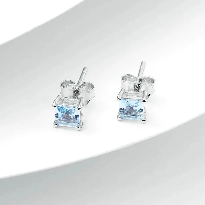 Square-Cut Aquamarine Stud Earrings side view showing posts and settings