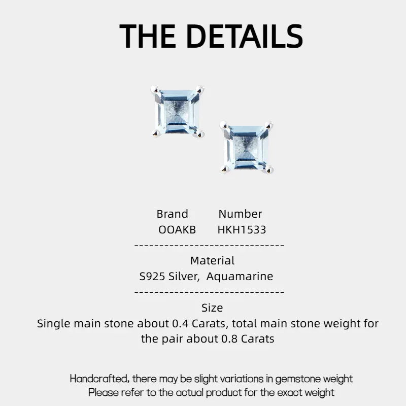 Square-Cut Aquamarine Stud Earrings specification card with product measurements