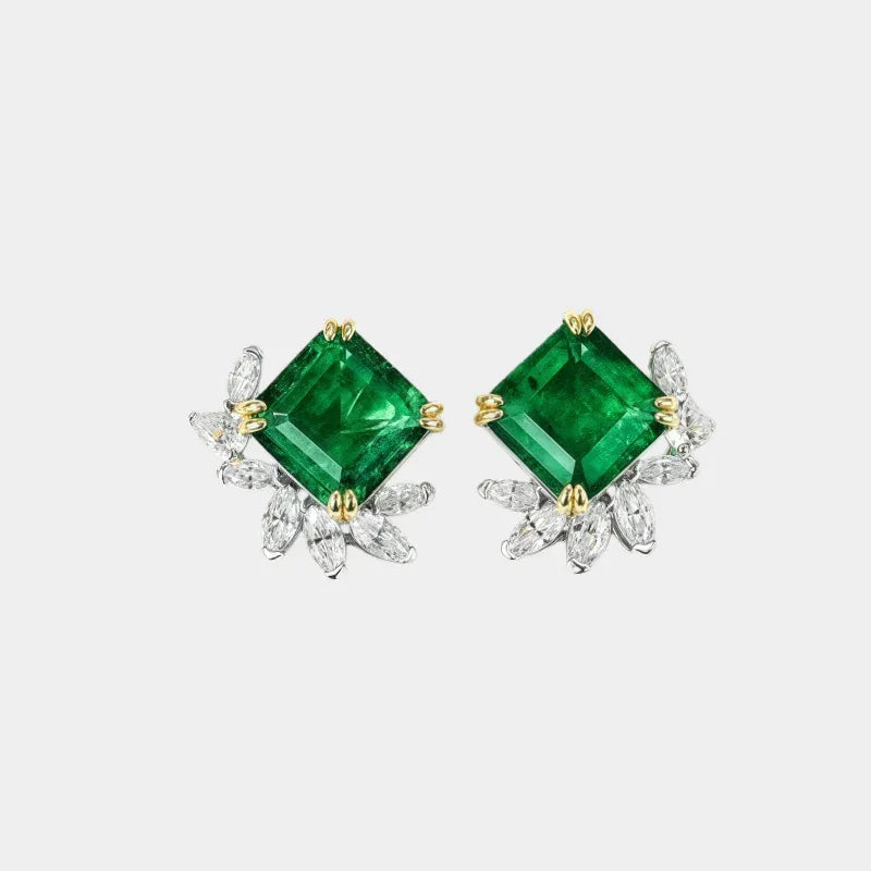 Square-Cut Emerald Floral Stud Earrings paired product view on a white background