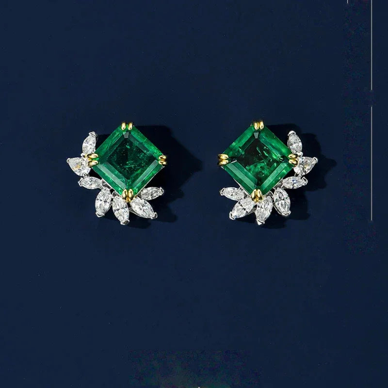 Square-Cut Emerald Floral Stud Earrings paired product view on a dark background