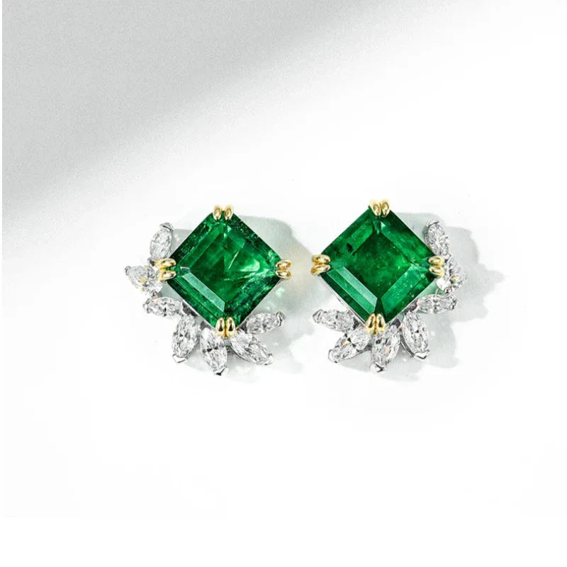 Square-Cut Emerald Floral Stud Earrings rear view showing earring backs
