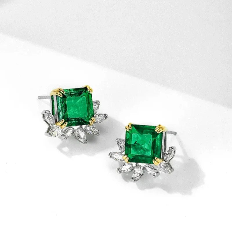 Square-Cut Emerald Floral Stud Earrings side view showing posts and settings