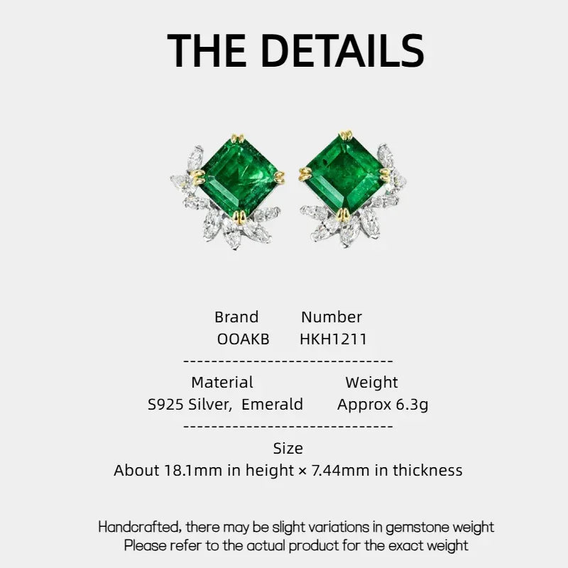 Square-Cut Emerald Floral Stud Earrings specification card with product measurements