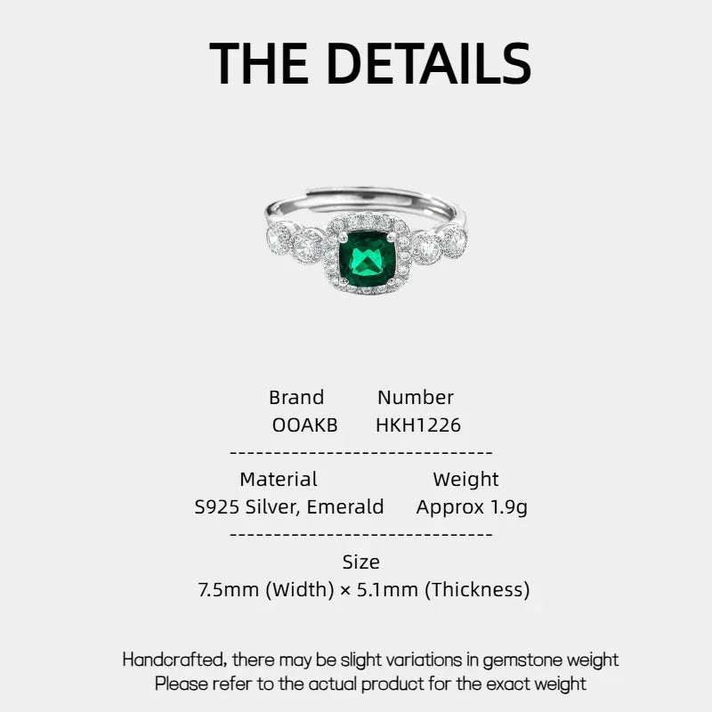 Square-Cut Emerald Open Ring specification card with product measurements