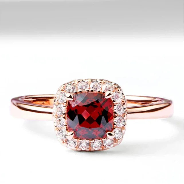 Square-Cut Garnet Halo Ring rear and band detail view
