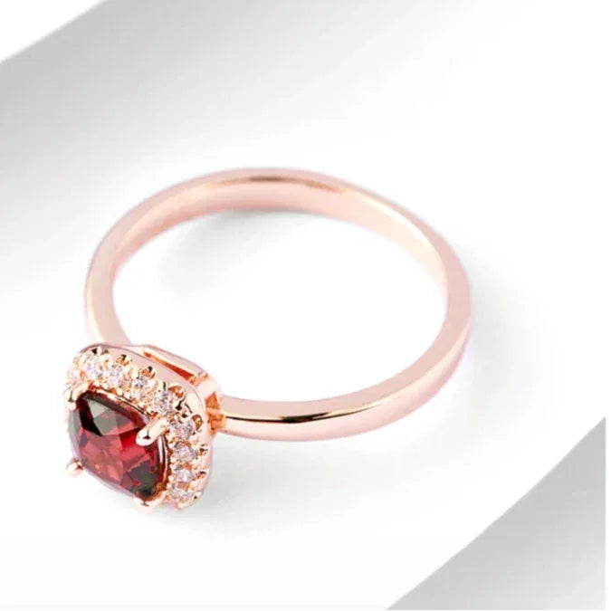 Square-Cut Garnet Halo Ring rear and band detail view 7