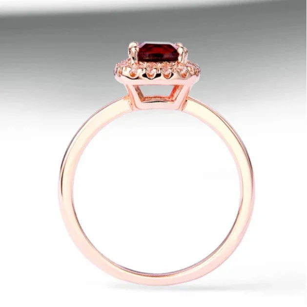 Square-Cut Garnet Halo Ring rear and band detail view 8