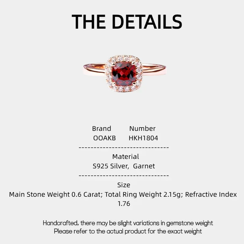 Square-Cut Garnet Halo Ring specification card with measurements and material details