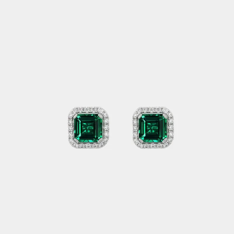 Square Emerald Halo Stud Earrings paired product view on a white background