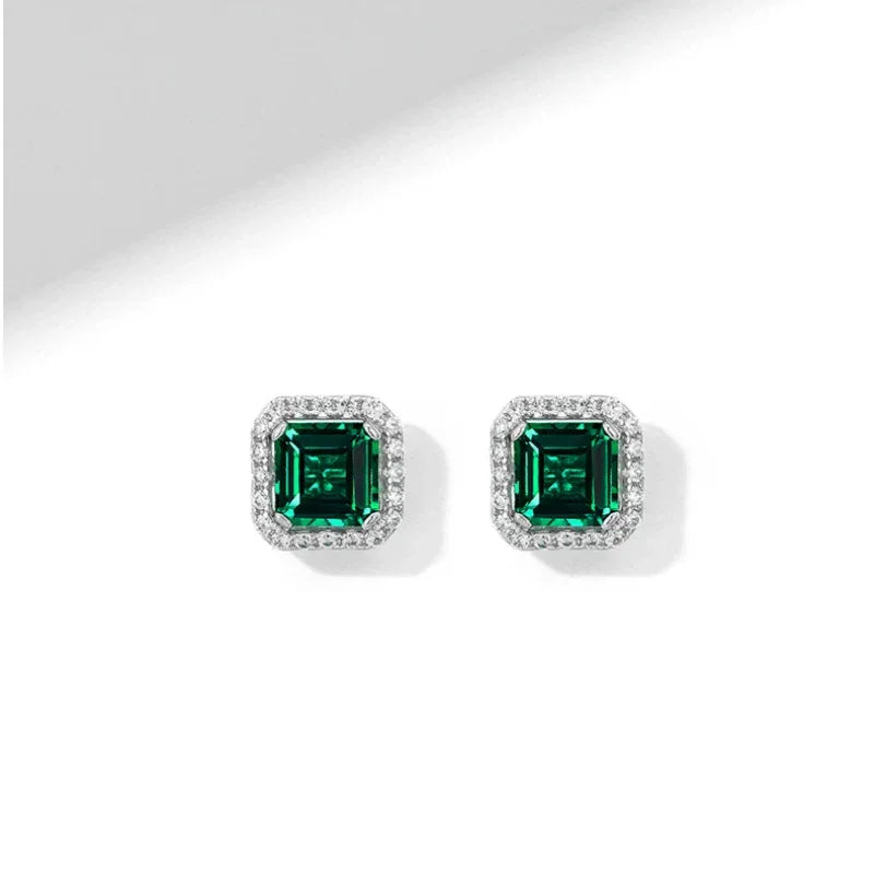 Square Emerald Halo Stud Earrings rear view showing earring backs