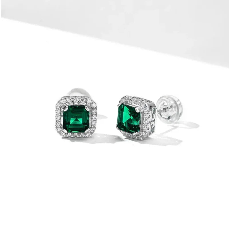 Square Emerald Halo Stud Earrings side view showing posts and settings