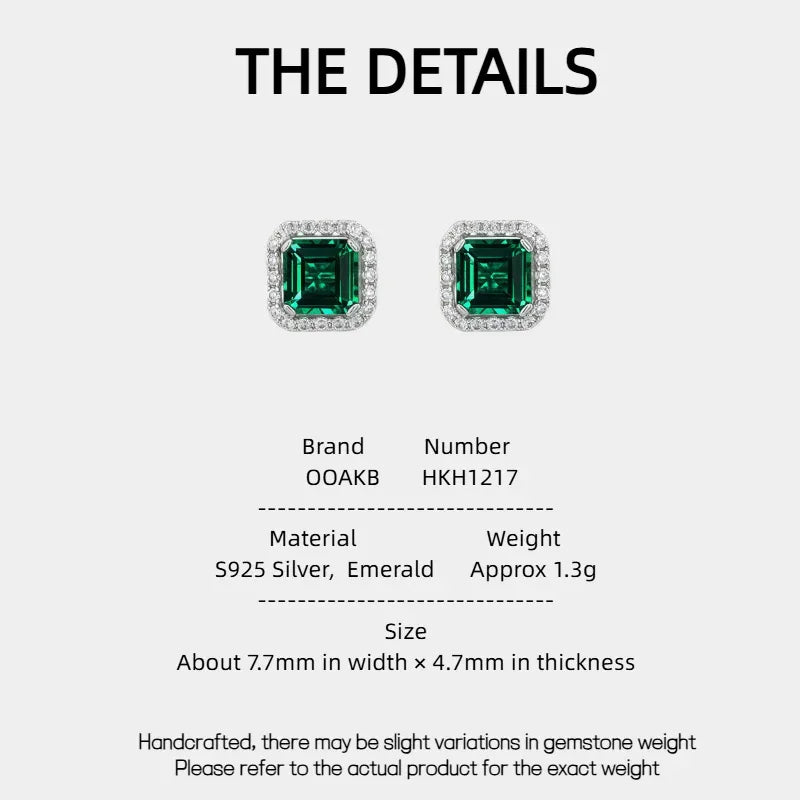 Square Emerald Halo Stud Earrings specification card with product measurements