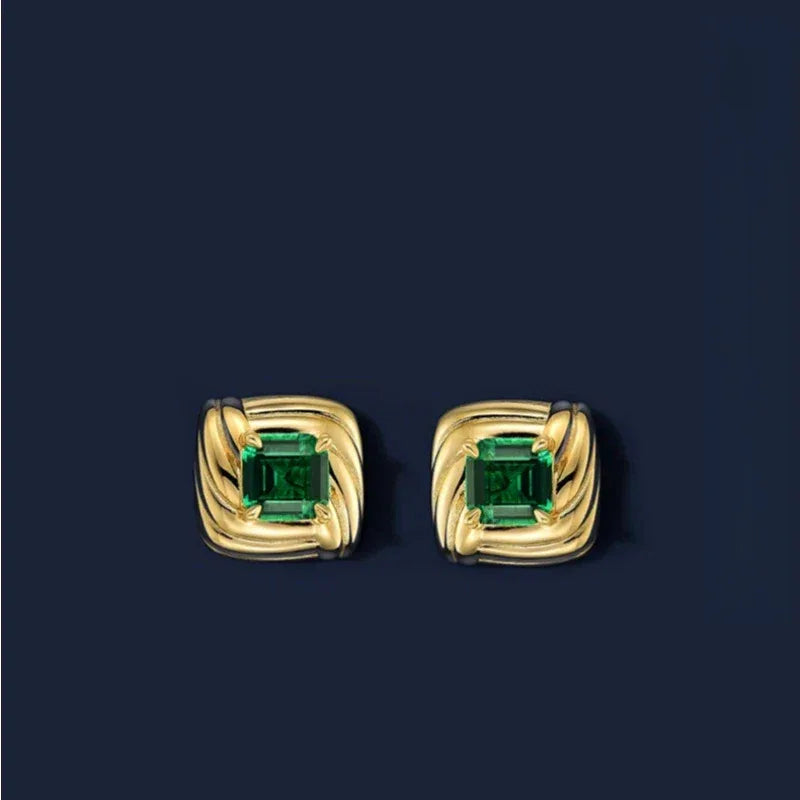 Square Emerald Layered Stud Earrings paired product view on a dark background