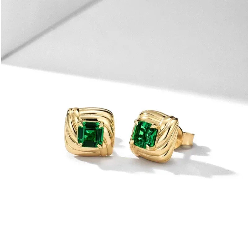 Square Emerald Layered Stud Earrings side view showing posts and settings