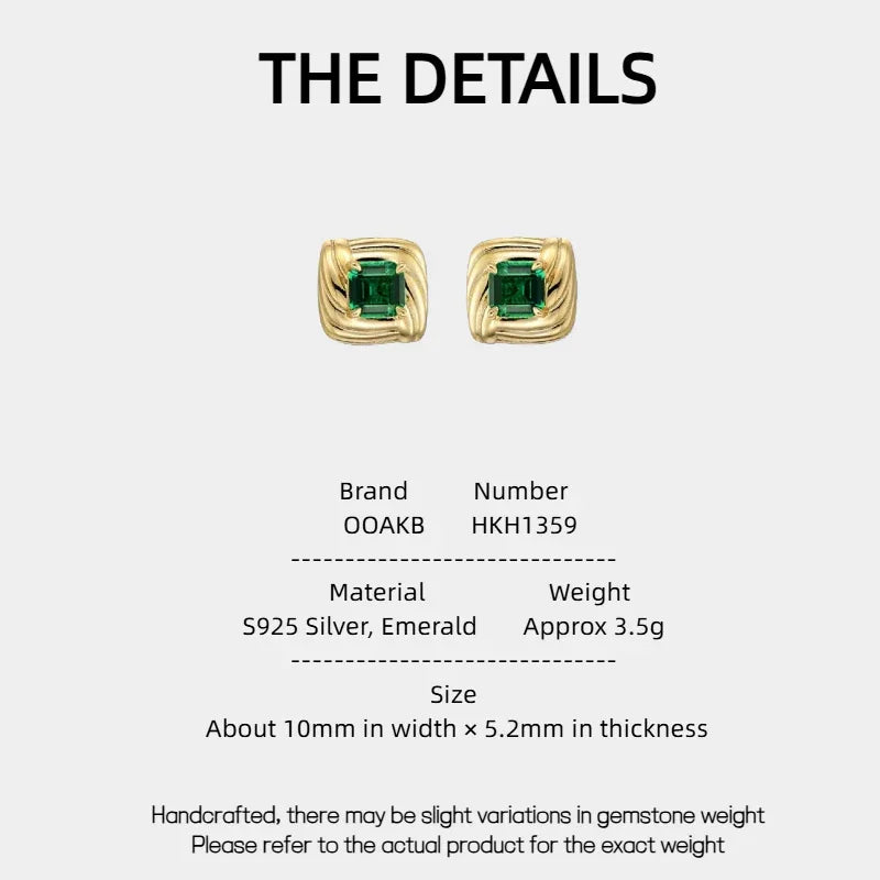 Square Emerald Layered Stud Earrings specification card with product measurements