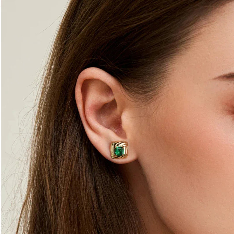 Square Emerald Layered Stud Earrings styled ear view showing scale