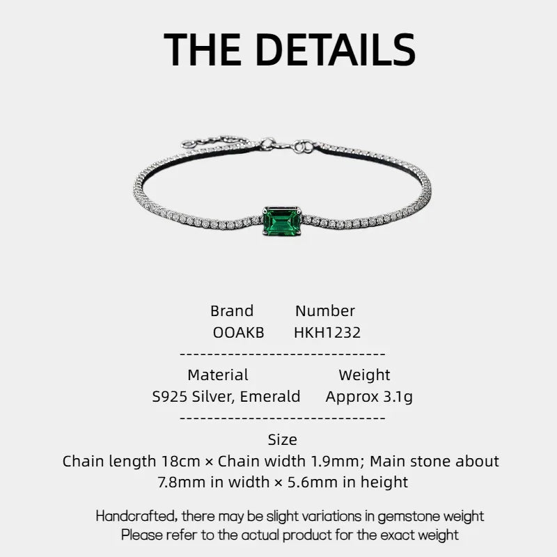 Square Emerald Tennis Bracelet specification card with product measurements