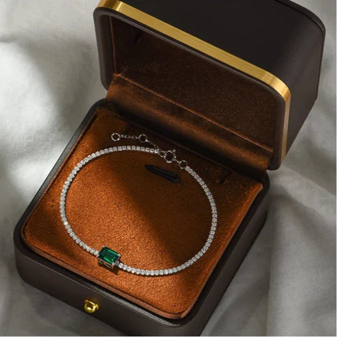 Square Emerald Tennis Bracelet worn on the wrist from a second angle