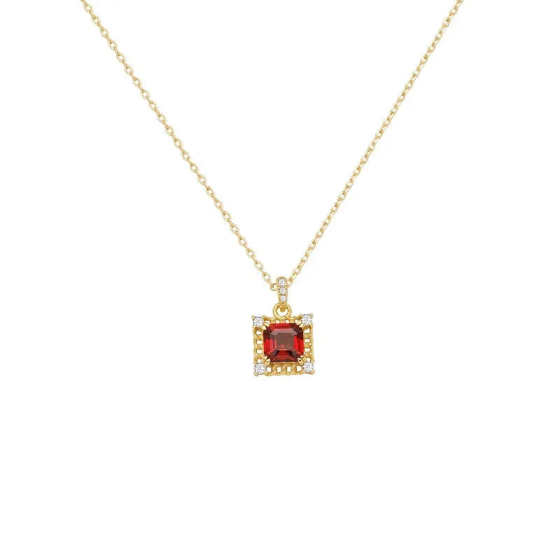 Square Garnet Ornate Pendant Necklace alternate full necklace view