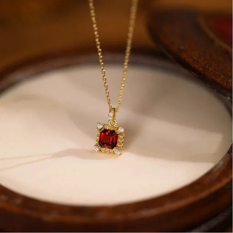 Square Garnet Ornate Pendant Necklace close-up of the pendant and chain