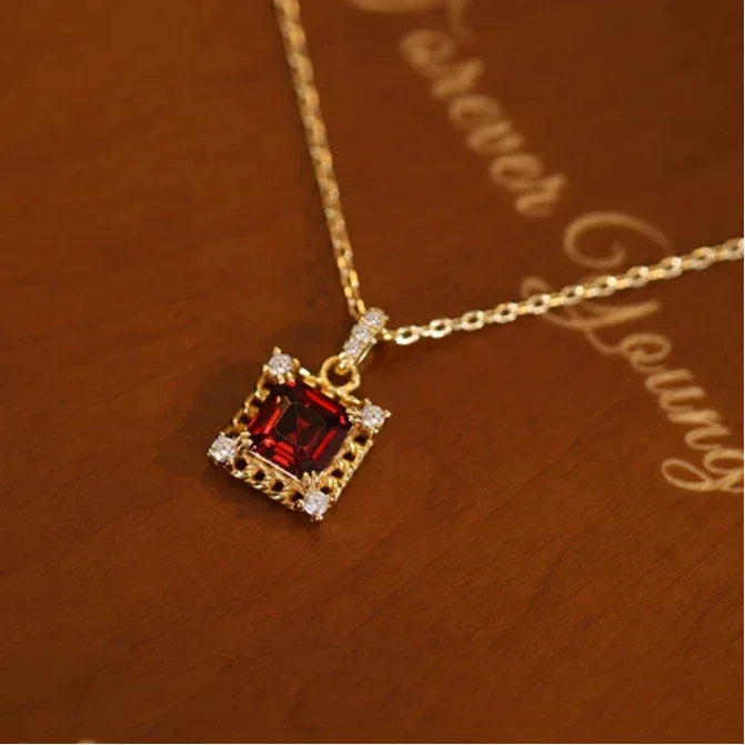 Square Garnet Ornate Pendant Necklace side or angled pendant detail