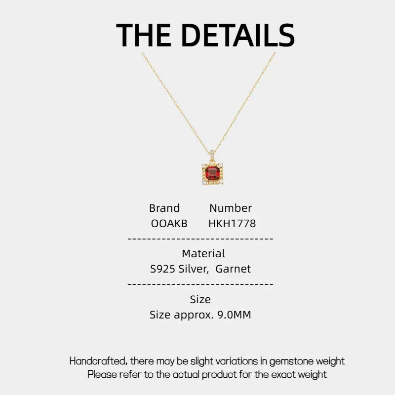 Square Garnet Ornate Pendant Necklace specification card with measurements and material details