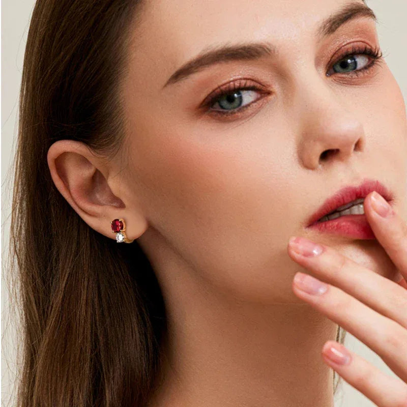 Square Ruby Drop Earrings with Cubic Zirconia Accents — earrings worn on ear