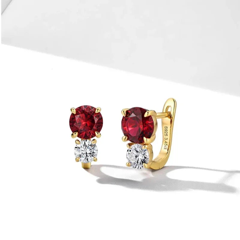 Square Ruby Drop Earrings with Cubic Zirconia Accents — side and post detail