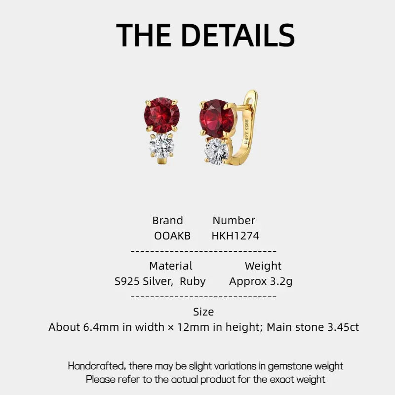 Square Ruby Drop Earrings with Cubic Zirconia Accents — specification card with material and size details
