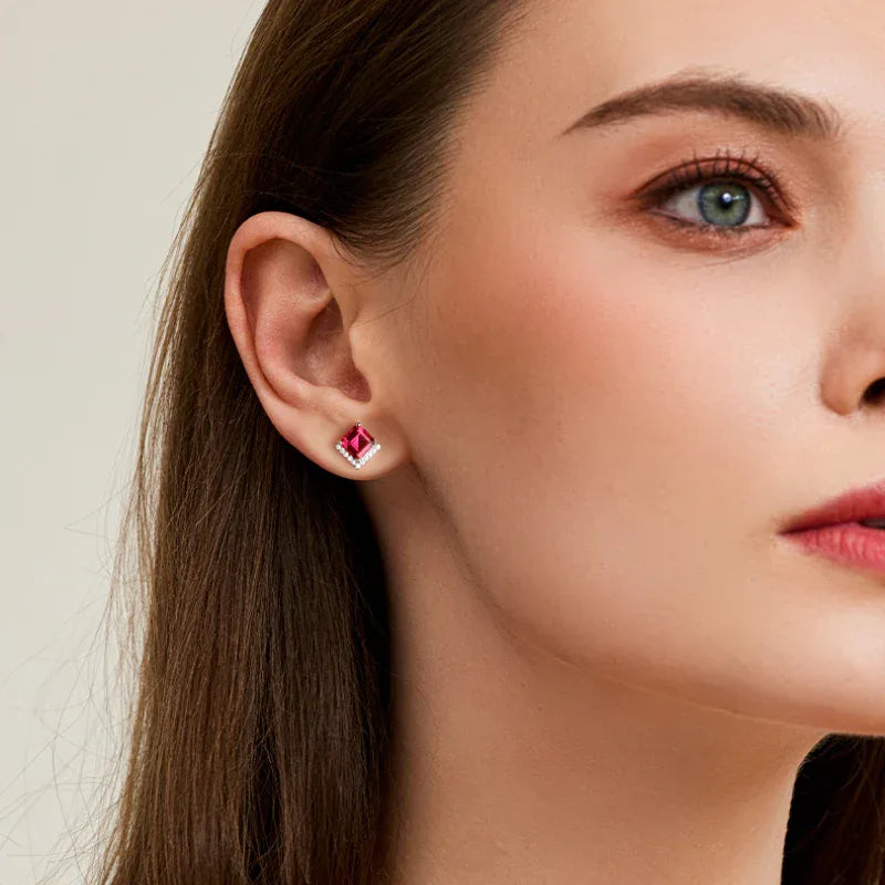 Square Ruby Halo Stud Earrings — earrings worn on ear