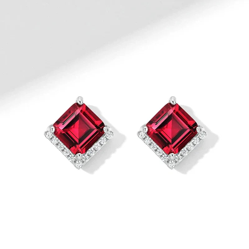 Square Ruby Halo Stud Earrings — earrings worn on ear 7