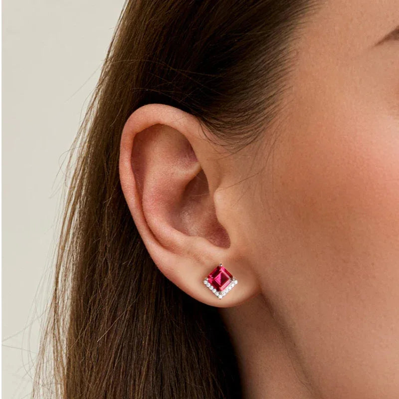 Square Ruby Halo Stud Earrings — paired earrings view