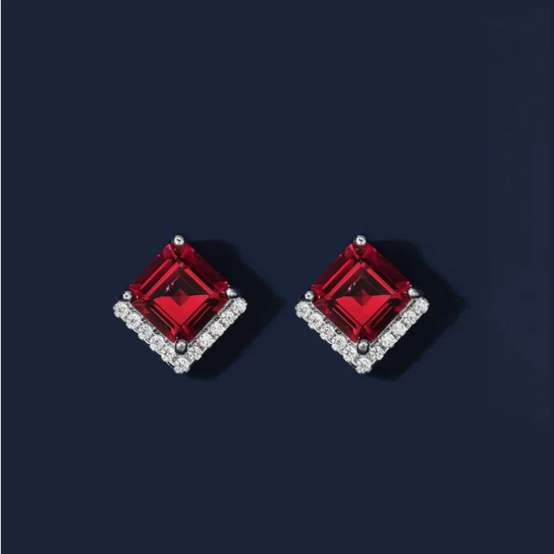 Square Ruby Halo Stud Earrings — side and post detail