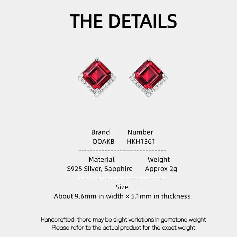 Square Ruby Halo Stud Earrings — specification card with material and size details