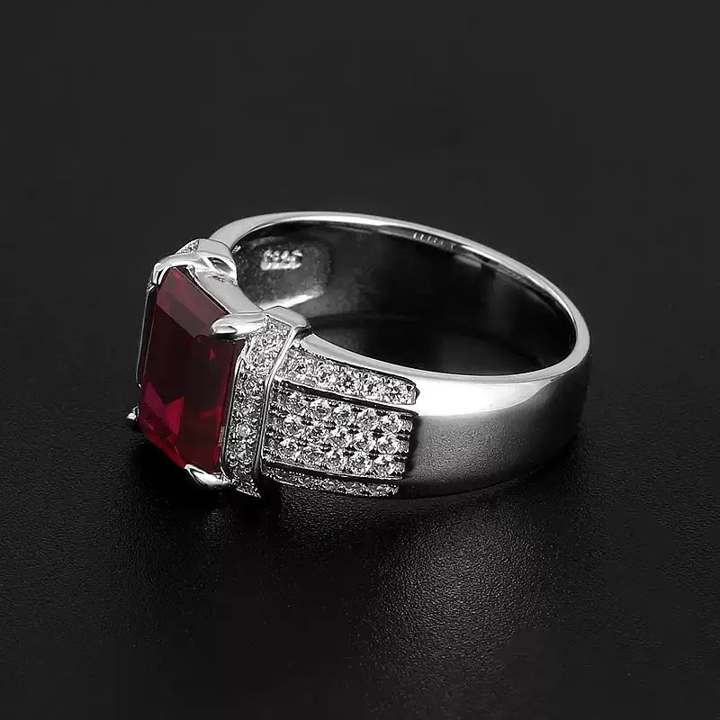 Square Ruby Pavé-Style Men's Ring — angled ring view