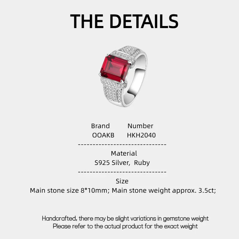 Square Ruby Pavé-Style Men's Ring — specification card with material and size details