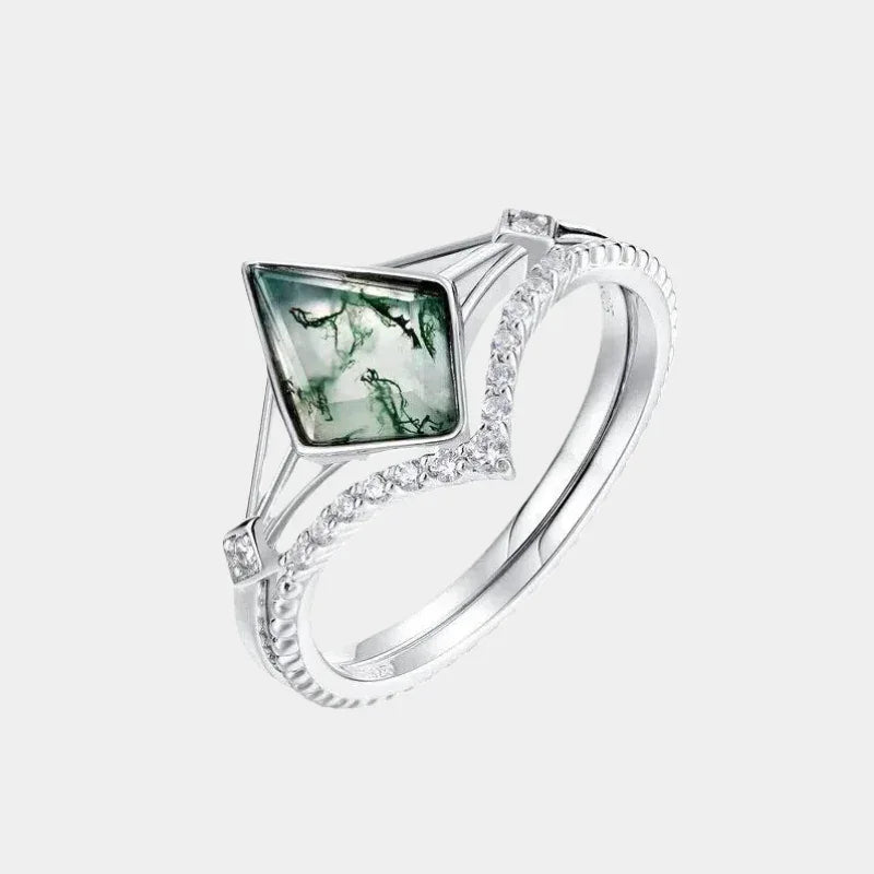 Stackable Geometric Moss Agate Ring — front product view on a light background