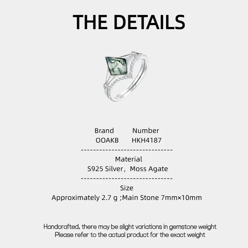 Stackable Geometric Moss Agate Ring — Moss Agate specification card with material and measurements