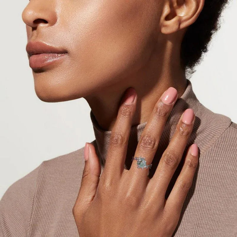 Stackable Moss Agate Ring — hand-worn scale view 2